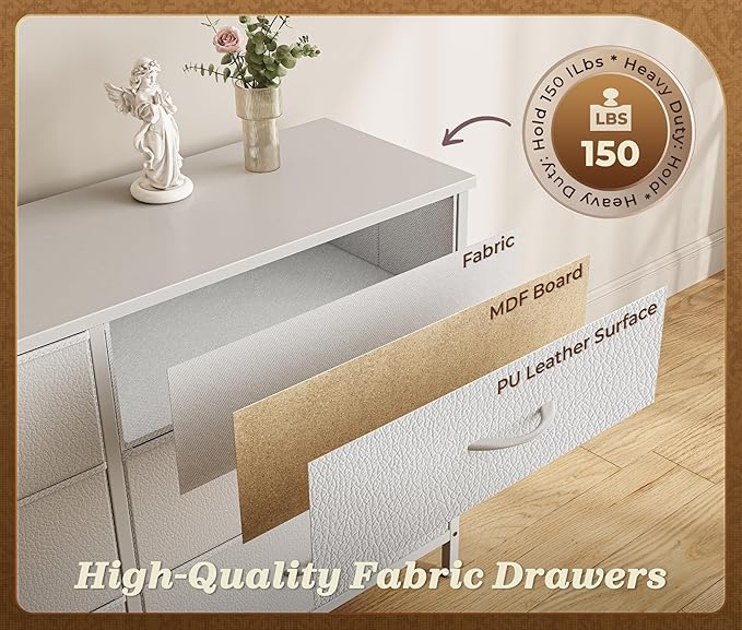 Huuger 78.7 inch Long Dresser for Bedroom, 15 Drawer Fabric Dresser for Closet, Large TV Stand for 65, 75, 85 inch TV, Wide Chest of Drawer with Storage, 78.7" W x 12.9" D x 26.7" H, White