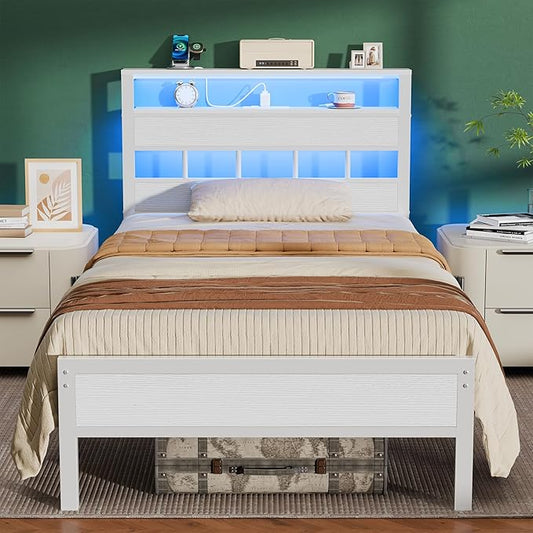 Furnulem Twin Bed Frames with Charging Station and LED Lights, Twin Size Platform Bed with Metal Slats, Wood Headboard with 2-Tier Storage Shelves, No Box Spring Needed, White