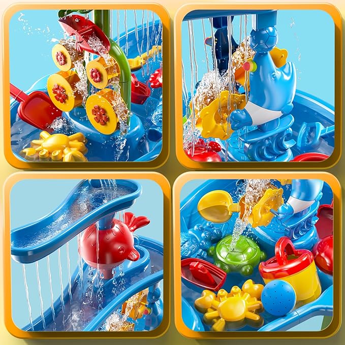 3-Tier Kids Water Table for Toddlers Kids Ages 3-5 4-8, Summer Outdoor Water Table Beach Kids Toys, Toddler Sensory Activity Sand Box Play Set with Rain Showers Splash Pond for Boys Girls