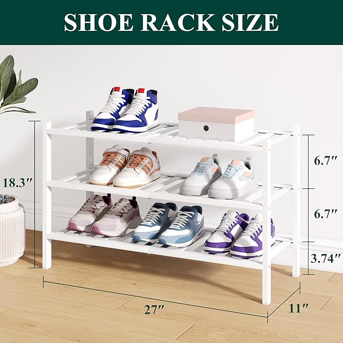 Smiry Bamboo Shoe Rack for Closet, 3 Tier Wooden Stackable Shoe Organizer, Free Standing Shoes Storage Shelf for Entryway, Front Door Entrance, White