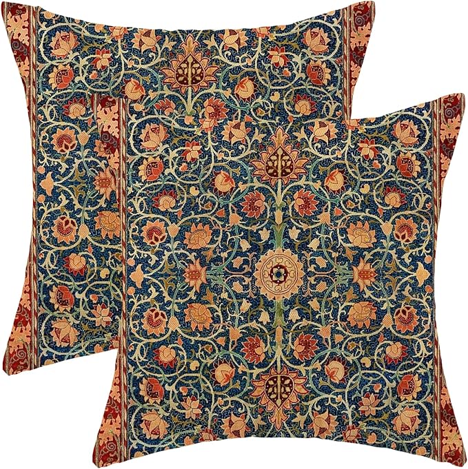 Boho Floral Pillow Covers 24x24 Set of 2, William Morris Flower Pattern Design Decorative Throw Pillows Bohemian Vintage Farmhouse Cushion Pillow Covers for Sofa Couch Bed Outdoor Decor