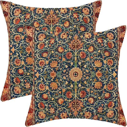 Boho Floral Pillow Covers 18x18 Set of 2, William Morris Flower Pattern Design Decorative Throw Pillows Bohemian Vintage Farmhouse Cushion Pillow Covers for Sofa Couch Bed Outdoor Decor