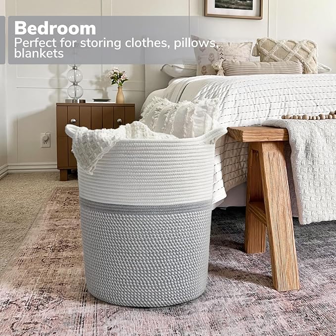 INDRESSME Baby Laundry Basket for Nursery, Kids Laundry Hamper, Tall Storage Basket for Living Room, Rope Basket for Blankets, Clothes, 17¾ x 15¾ x 13¾ inches, Grey