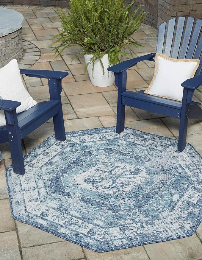 Unique Loom Outdoor Traditional Collection Area Rug - Valeria (5' 3" Octagon, Blue/ Ivory)