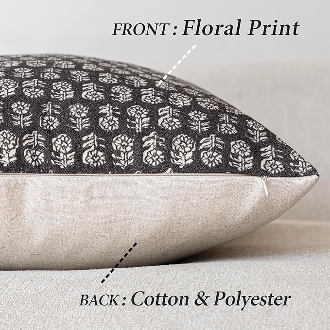 Foindtower Set of 2 Decorative Neutral Floral Print Throw Pillow Covers Vintage Accent Farmhouse Cushion Covers Boho Home Decor for Sofa Couch Chair Bedroom Living Room Outdoor,18×18 Inch,Black