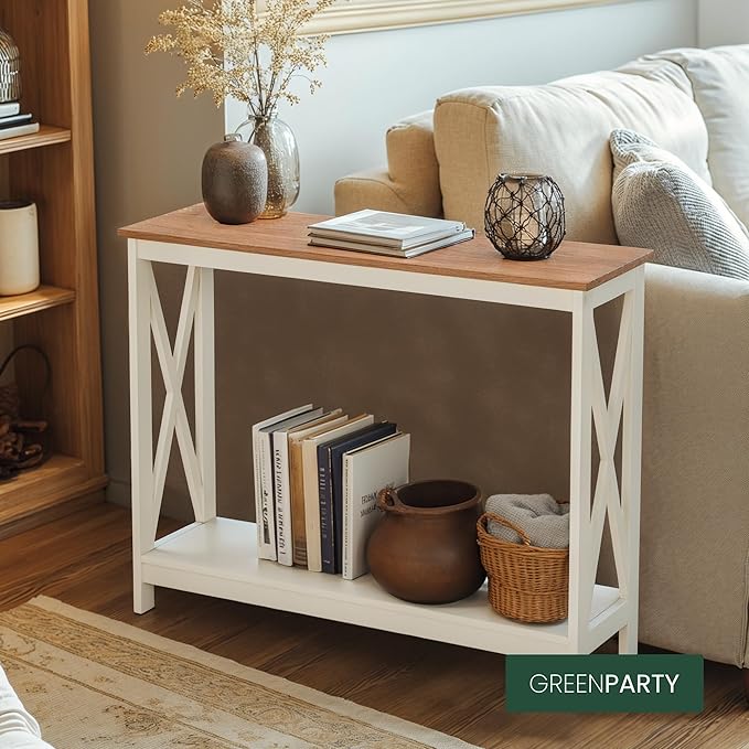 GREEN PARTY Vintage Farmhouse Entryway Console Table, 2-Tier Narrow Sofa Table with Storage Shelf for Living Room and Hallway, Rustic White Accent Furniture with Sturdy X-Shaped Legs