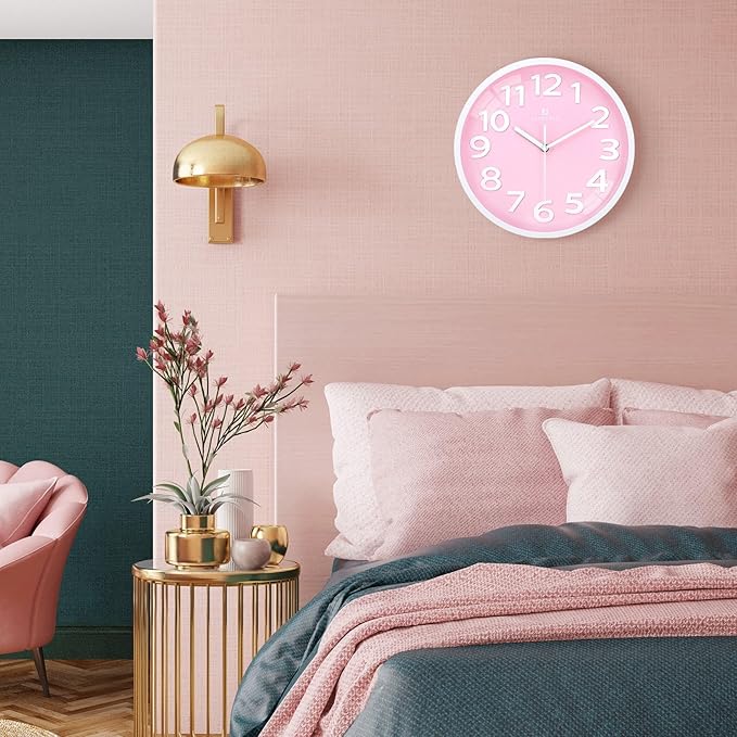 Lafocuse 12 Inch Silent 3D Numbers Pink Wall Clock for Living Room Decor, Battery Operated Pink Clocks for Girls Room Bedroom Kitchen