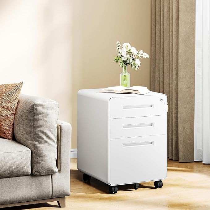 MIIIKO Mobile Filing Cabinet 3 Drawer, White Small File Cabinet with Lock Under Desk, Filing Cabinets for Home Office with Wheels, A4/Letter/Legal Hanging File Folders