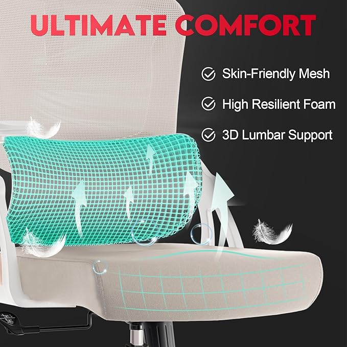 Ergonomic Office Chair - 400LB Comfy Desk Chairs with Headrest and Back Support, Heavy Duty Mesh Computer Chairs with Wheels and Arms for Home Office, Study, Bedroom and Dorm (04Khaki)