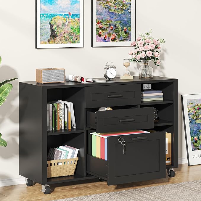 Semoic 3 Drawer Wood Lateral File Cabinet with Lock, Rolling Mobile Filing Cabinet with Open Storage Shelves, Printer Stand Office Storage Cabinet for Home Office Fits Files Legal/A4 Size, Black