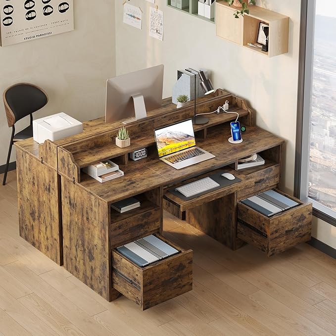 Bestier Farmhouse 59" Executive Desk with Drawers, Wood Computer Desk with Charging Station, Home Office Desk with Keyboard Tray & Monitor Stand, Sturdy Pedestal Desk for Work Study, Rustic Brown