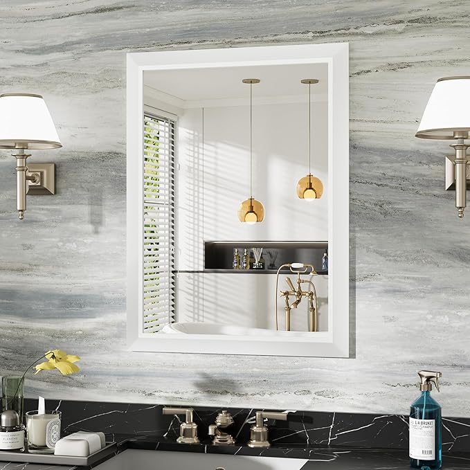 24x32 Inch White Bathroom Mirror for Wall, Thick Metal Framed Rectangle Mirrors for Over Sink, Bedroom, Living Room, Entryway, Anti-Rust, HD Tempered Glass