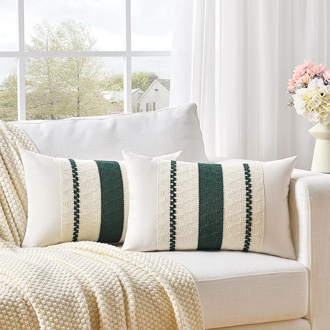 Fancy Homi Set of 2 Dark Green Boho Long Lumbar Decorative Throw Pillow Covers 12x24 Inch for Couch Bed Sofa Bedroom, Modern Farmhouse Vintage Forest Green Living Room Decor
