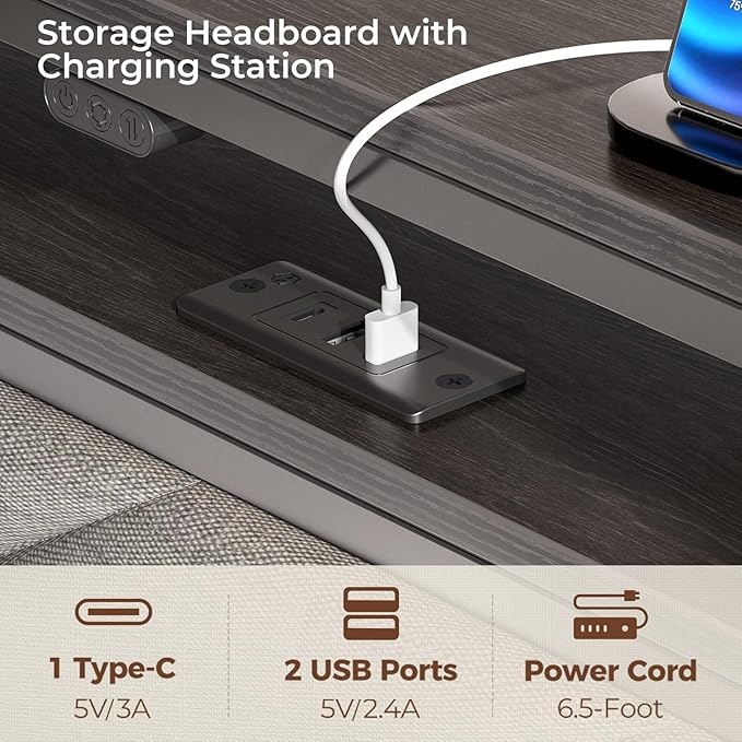 Seventable Bed Frame Twin Size with Charging Station, LED Bed with Upholstered Storage Headboard, Metal Platform Bed with Under Bed Storage, No Box Spring Needed, Noise Free, Easy Assembly, Grey