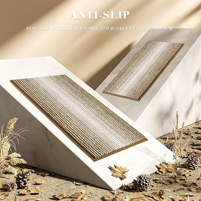 BSICPRO Bathroom Rugs and Mats Sets, 2 Piece Thick Absorbent Chenille Non Slip, Soft Shaggy Bath Room Floor Mats for Bathroom, Machine Washable (Petrified Oak, 20" x 47" Plus 16" x 24")