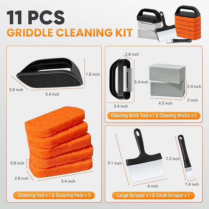 Griddle Cleaning Kit for Blackstone, Flat Top Grill Cleaning Kit with Griddle Scraper, Grill Brick, Scouring Pads & Ergonomic Handles for Deep Clean Grease, Burnt Residue (11 PCS)