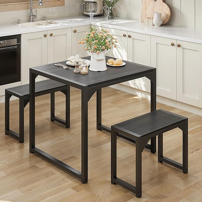 Gizoon Dining Table Set for 2, Kitchen Table Set for 2 with Steel Frame, Kitchen Table with 2 Benches for Small Space, Space Saving Design for Restaurant, Living Room, Black