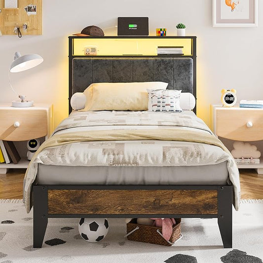 OLEVS Twin Bed Frame with LED Light Storage Headboard and Charging Station Type C, Metal Platform Bed Twin Size,No Box Spring Needed, Noise Free, Easy Assembly