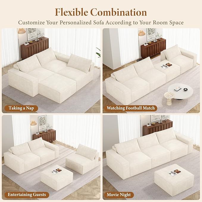 Vesgantti 114" Boneless Modular Sectional Sofa, Modern 3 Seater Couch with Ottoman & Deep Seat, Convertible Chenille L Shaped Cloud Couches for Living Room, No Assembly Required, Beige