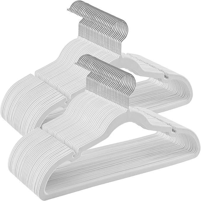 SONGMICS Velvet Hangers 60 Pack, Non-Slip Clothes Hangers, Suit Hangers with Shoulder Notches, Pants Bar, 360° Swivel Hook, Space-Saving, for Closet, Cloud White UCRF030W01