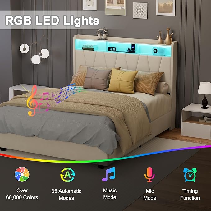 Queen Bed Frame, Velvet Upholstered LED Platform Bed with Headboard Storage, Queen Bed Built-in Charging Station with 4 Drawers, Wood Slat Support, No Box Spring Needed, Beige