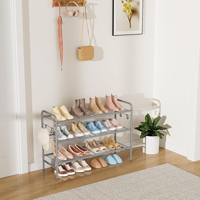 3 Tier Shoe Rack 33" Wide Metal Shoe Organizer Long Shoe Storage with 4 Side Hooks Sturdy Shoes Shelf for Front Door Entrance, Closet, Garage, Dorm, Grey