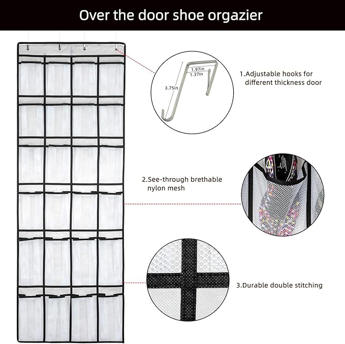 Hanging Shoe Organizer, Over The Door Shoe Organizer with 24 Mesh Large Pockets Door Shoe Rack for Men Women Kids Hanging Door Shoe Holder Size:58x21 Inch (White-2pack)