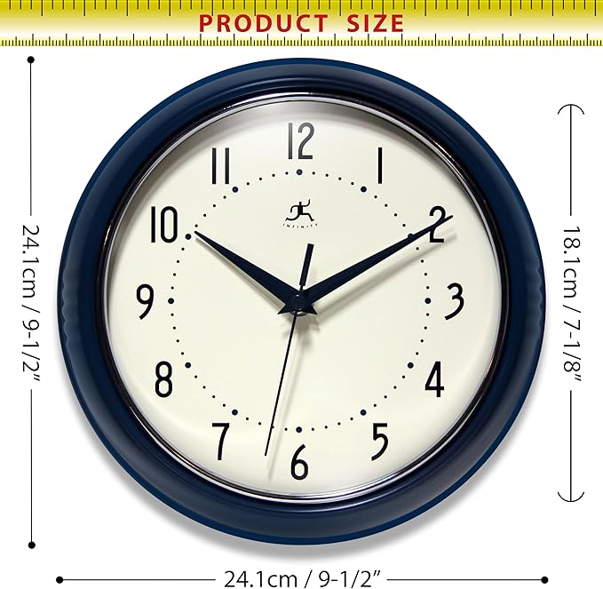 Infinity Instruments Retro 9.5 Inch Round Indoor Wall Clock, Navy Blue