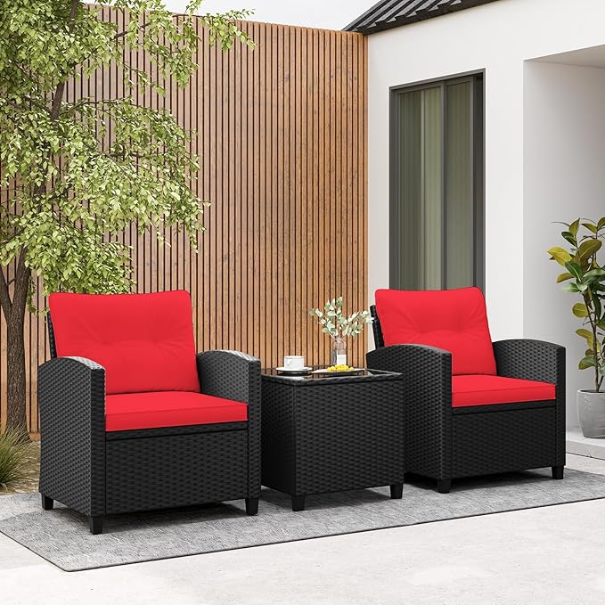 Tangkula 3 Pieces Patio Furniture Set, Rattan Conversation Set w/Soft Seat & Back Cushions, Tempered Glass Topped Coffee Table, Cushioned Wicker Seating for Backyard, Porch, Poolside (Red)