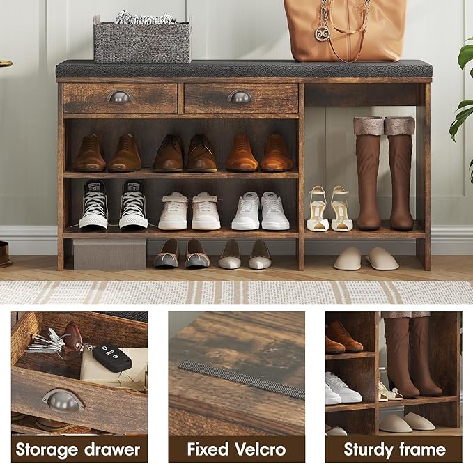 Maupvit Shoe Storage Bench with Cushion, Shoe Bench with Padded Seat, Entryway Storage Bench with Drawer, 2 Compartments, Wood Bench Rack for Bedroom, Closet, Living Room, Hallway (Brown)
