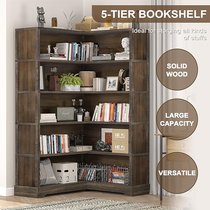TVU Wood Corner Book Shelf, 5 Tier 65 Inch Tall Bookshelf with Storage, Floor Standing Display Book Shelf for Living Room, Kitchen, Home Office, Rustic Brown