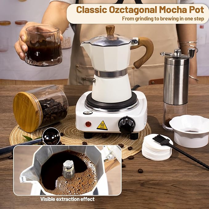 7-in-1 Aluminum Moka Pot Set with Electric Stove Hand Grinder Moka Dispenser Classic Stovetop Espresso Coffee Maker 150ml 5oz Mocha Express Portable Camping Travel Cafe Makers 3 Cup