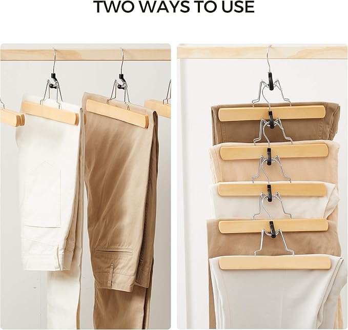 SONGMICS 12 Pack Wooden Pants Hangers, Premium Solid Wood with Non-Slip Felt, Hold Pants Tightly, Smooth Finish Wood Skirt Hangers, with 360° Swivel Hook, Natural UCRW007-12