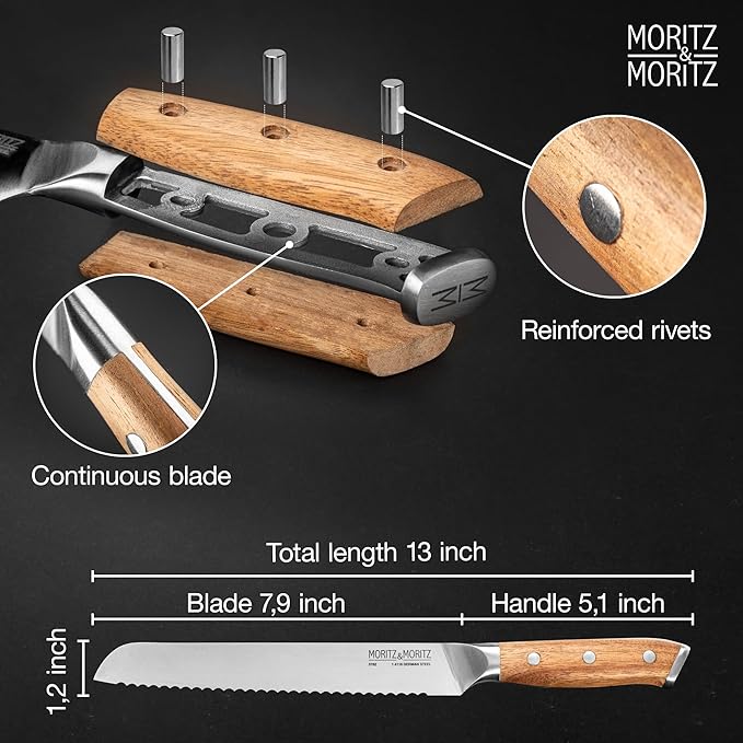 Moritz & Moritz 8-Inch Serrated Bread Knife – Professional Kitchen Bread Knife for Homemade Bread, Baguettes, Pastries & Cakes – Sharp German Stainless Steel Blade with Ergonomic Acacia Wood Handle