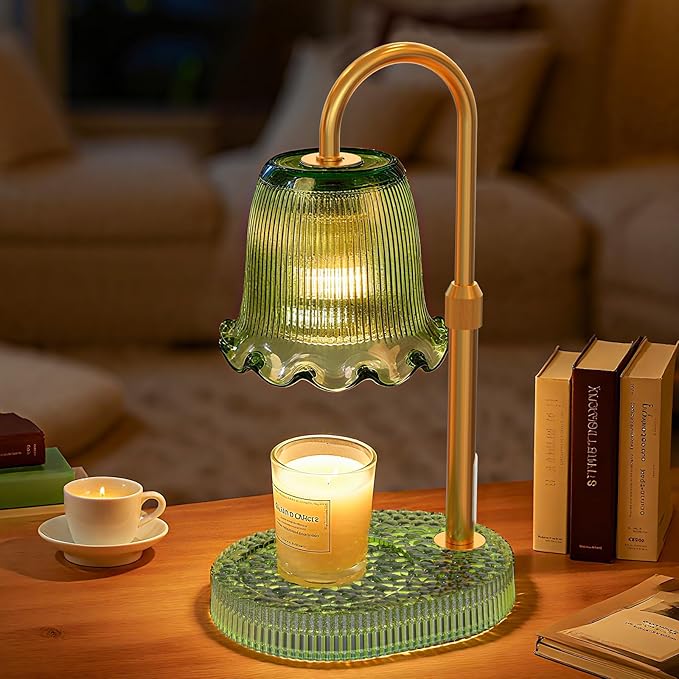 Candle Warmer Lamp with Adjustable Height - Flameless 4-Level Dimmable Wax Warmer, Timer Function & Stylish Design in Multiple Colors（Green）