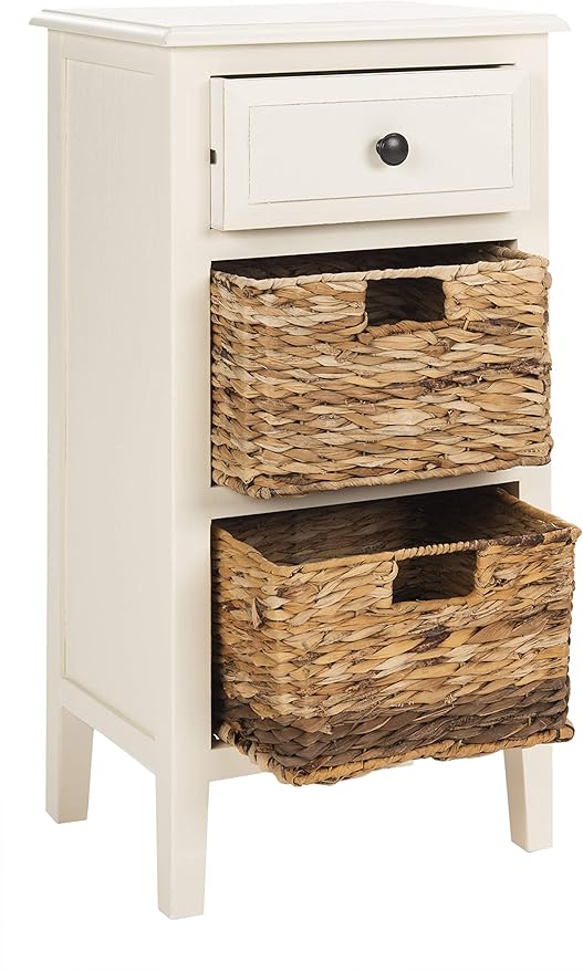 Safavieh Home Collection Everly Drawer , Vintage White 1-Drawer 2 Removable Baskets Side Table