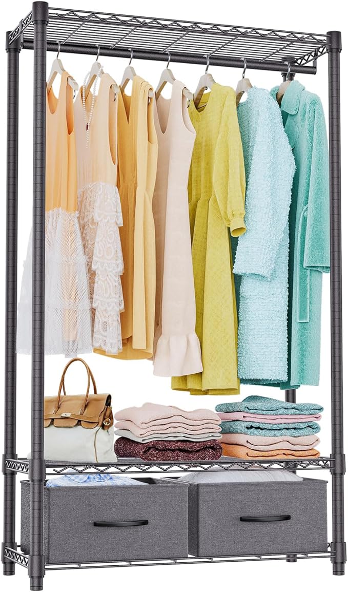 IZEUK Heavy Duty Clothes Rack with Drawers, Metal Freestanding Garment Rack for Hanging Clothes with 1 Rod & 2 Drawers, Adjustable Closet Wardrobe Organizer, 15.7" D x 35.5" W x 72.4" H, Dark Grey