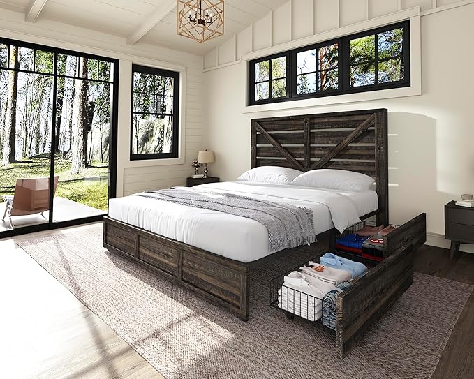 AMERLIFE King Size Farmhouse Bed Frame with 4 Drawers, Wooden Storage Bed Frame with Headboard and Heavy Duty Metal Slats, Noisy Free, Easy Assemble, Rustic Black