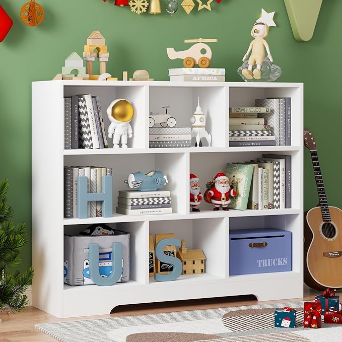 Book Shelf for Kids, 8 Cubes Storage Organizer Montessori Bookshelf, 3-Tier Wooden Kids Bookcase, Toy Storage Organizer for Children, White Toddler Bookshelf Cube Shelf for Kid’s Room, Classroom