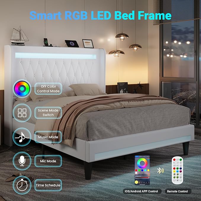 Allewie Upholstered Queen Size Platform Bed Frame with LED Light and Charging Station, Button Tufted High Headboard, Wingback Design, Noise Free, Easy Assembly, No Box Spring Needed, White