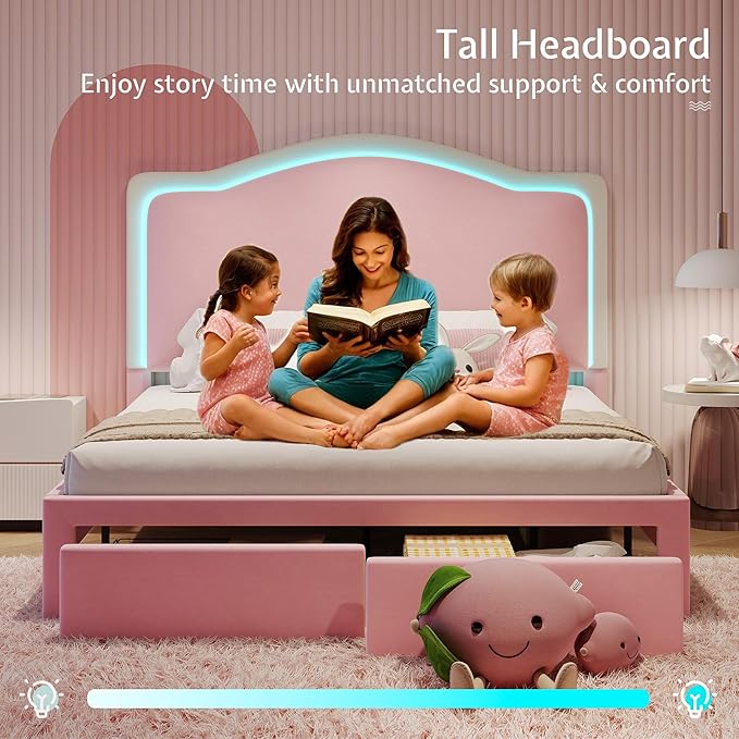 Jocisland Queen Bed Frame with Storage Drawers, 51" Adjustable Velvet Headboard, RGB LED Lights, Upholstered Platform Bed, Modern Bed for Teens, Guest Room, No Box Spring Needed, Pink