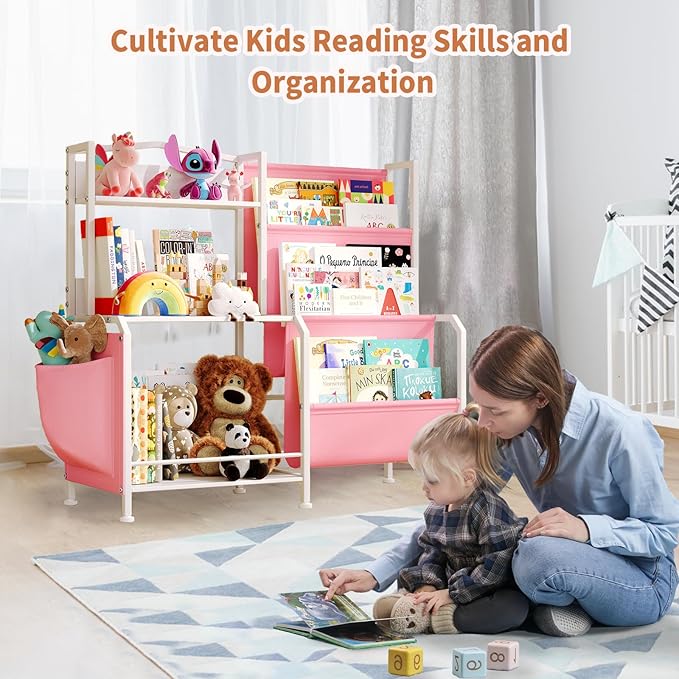 Kids Bookshelf and Toy Organizer, 3 Tier Girls Pink Bookshelf for Kids, Nursery Book Shelves, Toddler Book Shelf, Kids Book Shelf for Kid Room, White/Pink