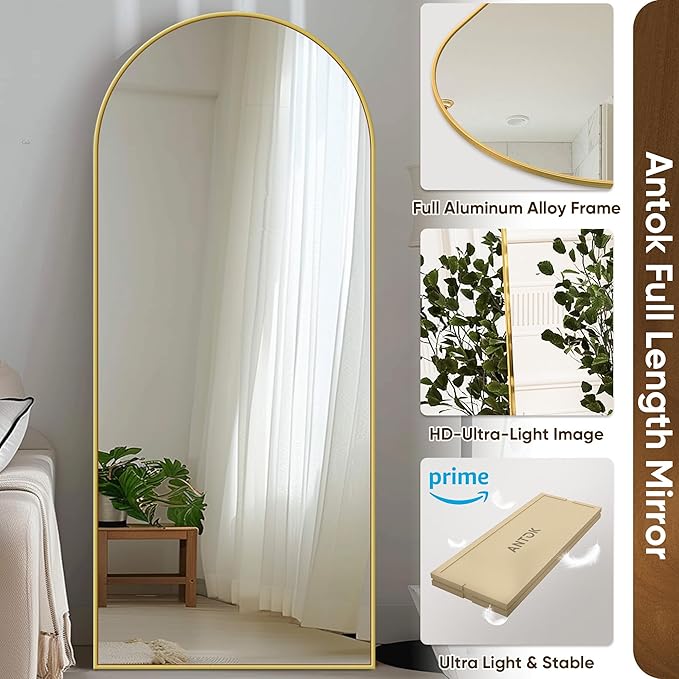 Antok Full Length Mirror, 59"x18.1" Floor Mirror with Stand, Hanging Mounted Mirrors for Bedroom, Living Room, Cloakroom, Dining Room, Gold, Arched