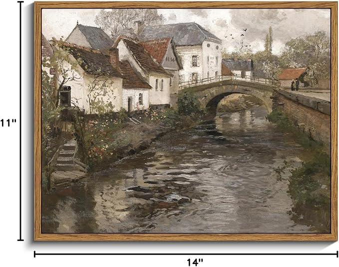InSimSea Framed Canvas Wall Art Vintage Decor, Landscape Wall Art Prints, Riverside Small Town Canvas Prints, Rustic Farmhouse Wall Decor for Bedroom Living Room, Retro Room Decor, 11"x14"