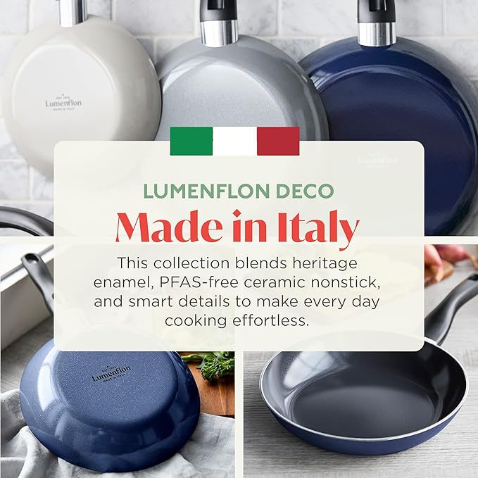 Deco 9.5” Nonstick Frying Pan Skillet, Made in Italy, Diamond Ceramic PFAS-Free, Dishwasher & Metal Utensil Safe, Durable Gloss Enamel Finish, Stay-Cool Handle, High Walls-Extra Room, Blue