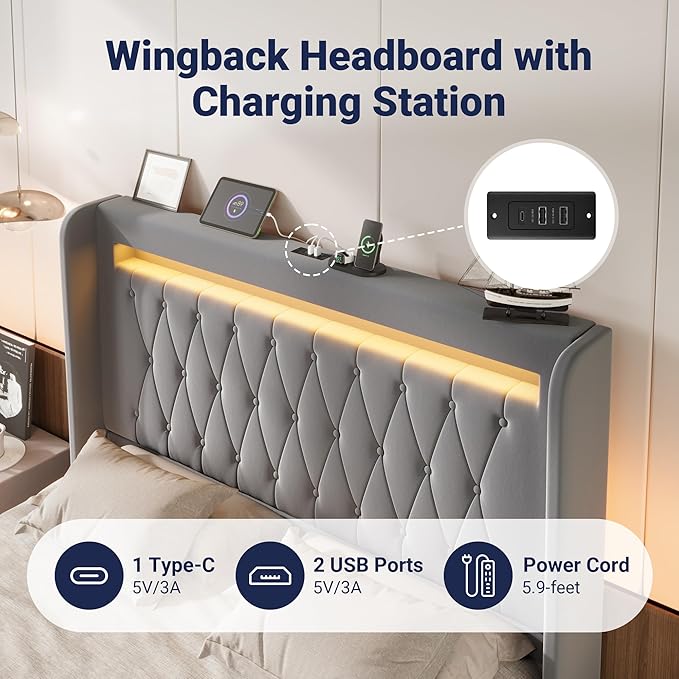 Allewie Upholstered Full Size Platform Bed Frame with LED Light and Charging Station, Button Tufted High Headboard, Wingback Design, Noise Free, Easy Assembly, No Box Spring Needed, Grey