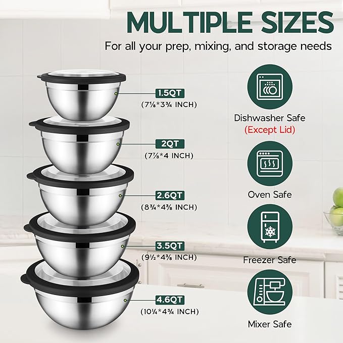 Stainless Steel Mixing Bowls with Black Lids, Metal Nesting Mixing Bowl Set of 5 - Size 1.5, 2, 2.6, 3.5, 4.6QT