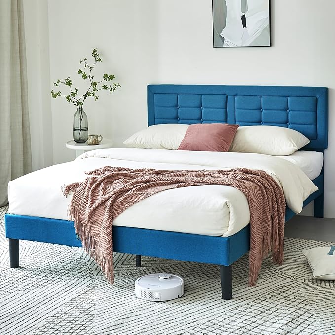 VECELO Full Size Bed Frame with Adjustable Headboard, Upholstered Button Tufted Platform Bedframe with Wood Slats Support, No Box Spring Needed, Aegean Blue