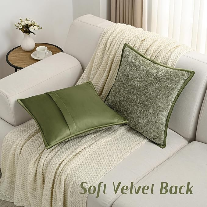FUTEI Sage Green Chenille Throw Pillow Covers 20x20 Inch Set of 2,Soft Cozy Bound Edge Design Cushion Case,Home Decor for Couch Bed Living Room