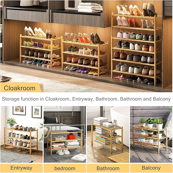 3-Tier Bamboo Shoe Rack for Entryway, Stackable | Heavy Duty | Multi-Function, Free Standing Shoe Racks for Bedroom Hallway Closet